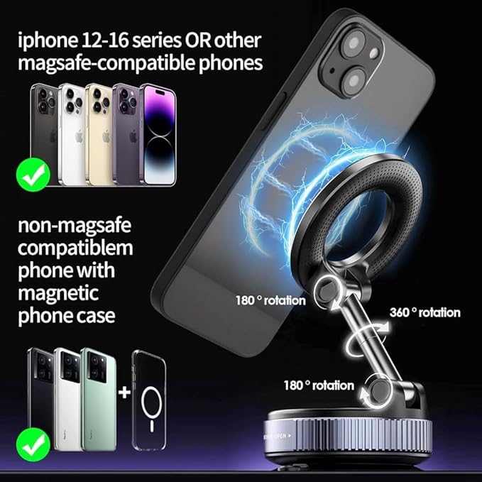 Bigsmall Magrip Pro Magnetic Car Phone Holder | 360° Rotation | Adjustable Arm | Strong Suction Mount for Dashboard | Android & iPhone Compatible | Universal Mobile Holder for Car | Black