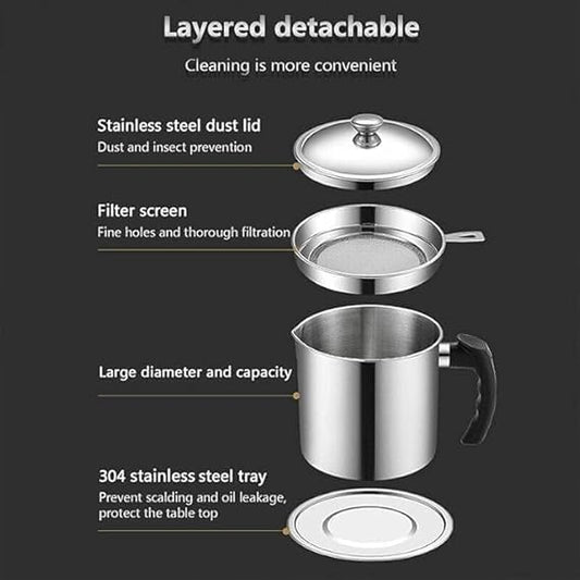 Oil Strainer Pot Grease Can Stainless Steel Cooking Grease Container,Reuse Oil Storage Can Container with Removable Filter Anti-Scalding Handheld, Lid for Cooking Oil