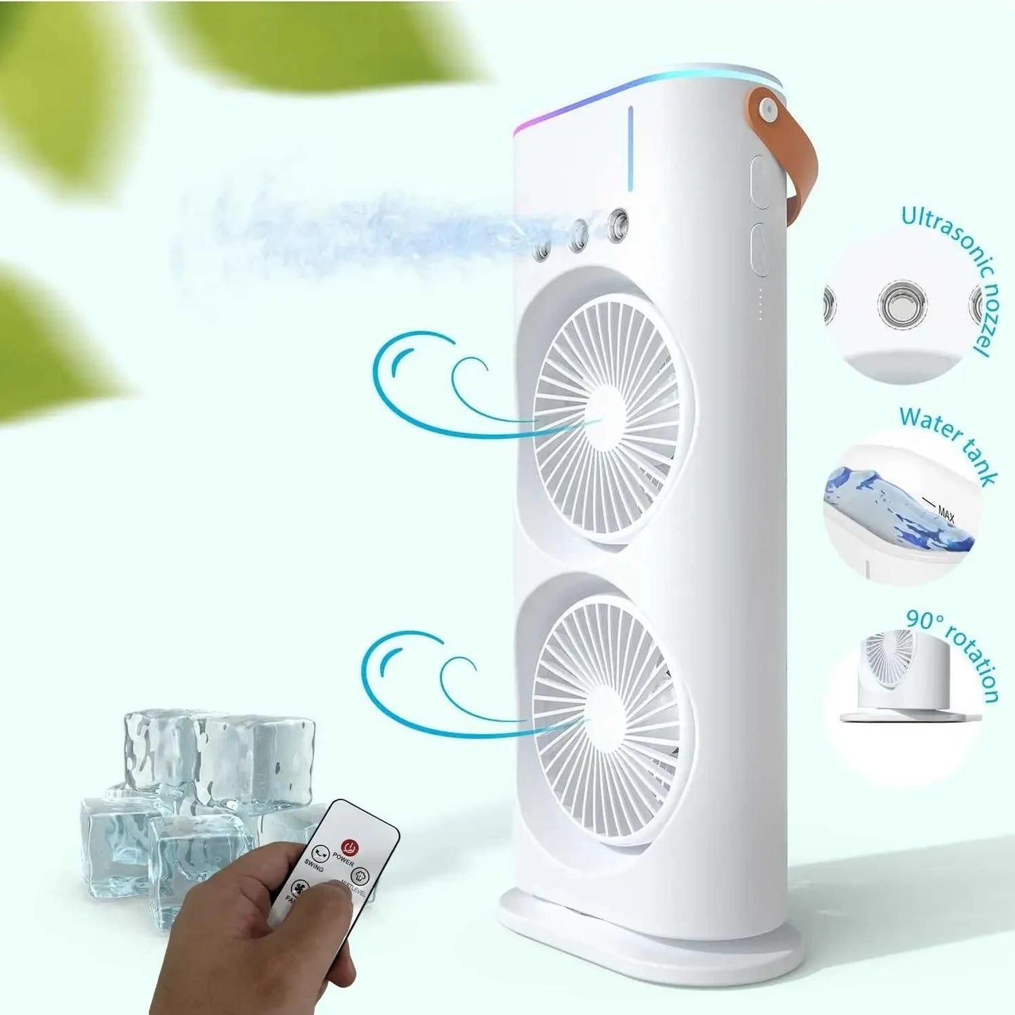 Double-Ended Spray fan 4000mAh Double Ended Spray Fan, Cold Air, 2025 New 3 Gears USB Rechargeable Oscillating one with LED Light Cooler, Touch & Remote Control, 280ml Water Tank, Ice Filling (White)