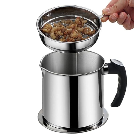 Oil Strainer Pot Grease Can Stainless Steel Cooking Grease Container,Reuse Oil Storage Can Container with Removable Filter Anti-Scalding Handheld, Lid for Cooking Oil