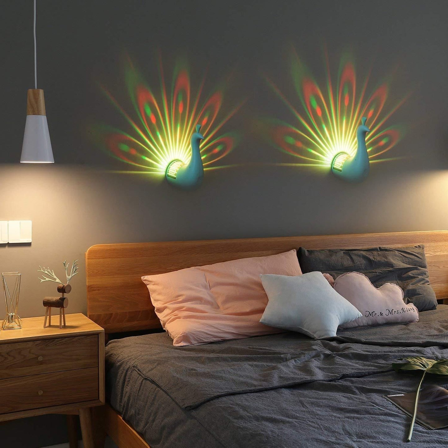 PRECHANA Peacock Lamp Creative Peacock Colorful Projection Wall Lamp, USB Charge Touch Button LED Night Light with Remote Control,Plastic