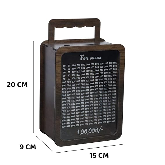 Wooden Dream Money Bank with Currency Display, Travel Bag Design, 100000 INR Savings Goal, Wooden Coin Box, Stylish Savings Box