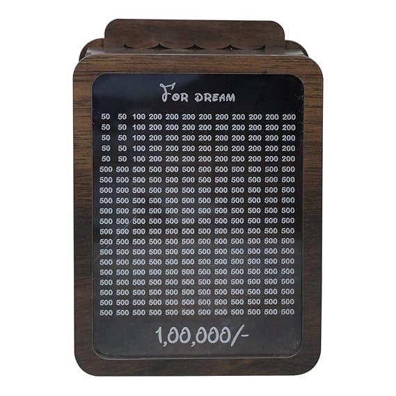 Wooden Dream Money Bank with Currency Display, Travel Bag Design, 100000 INR Savings Goal, Wooden Coin Box, Stylish Savings Box