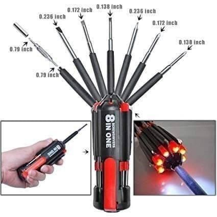 PPERFECT TECH 8in1 Screwdriver Set with 6 LED Lights, Portable multifunctional 8-in-1 Screw driver tool set kit with torch and magnetic heads for Mobile, Laptop repairing & Household work.