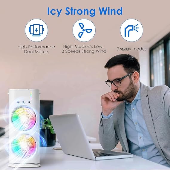 Double-Ended Spray fan 4000mAh Double Ended Spray Fan, Cold Air, 2025 New 3 Gears USB Rechargeable Oscillating one with LED Light Cooler, Touch & Remote Control, 280ml Water Tank, Ice Filling (White)