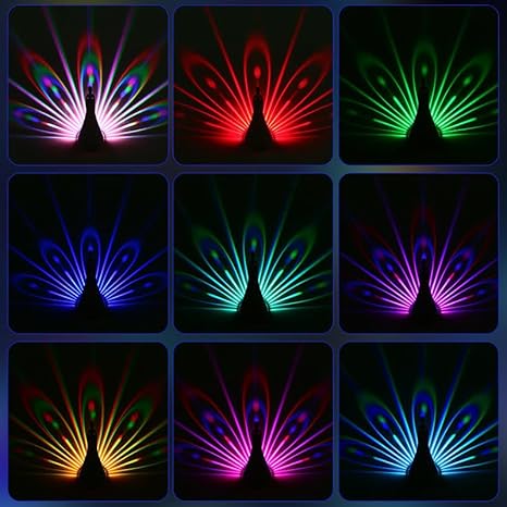 PRECHANA Peacock Lamp Creative Peacock Colorful Projection Wall Lamp, USB Charge Touch Button LED Night Light with Remote Control,Plastic