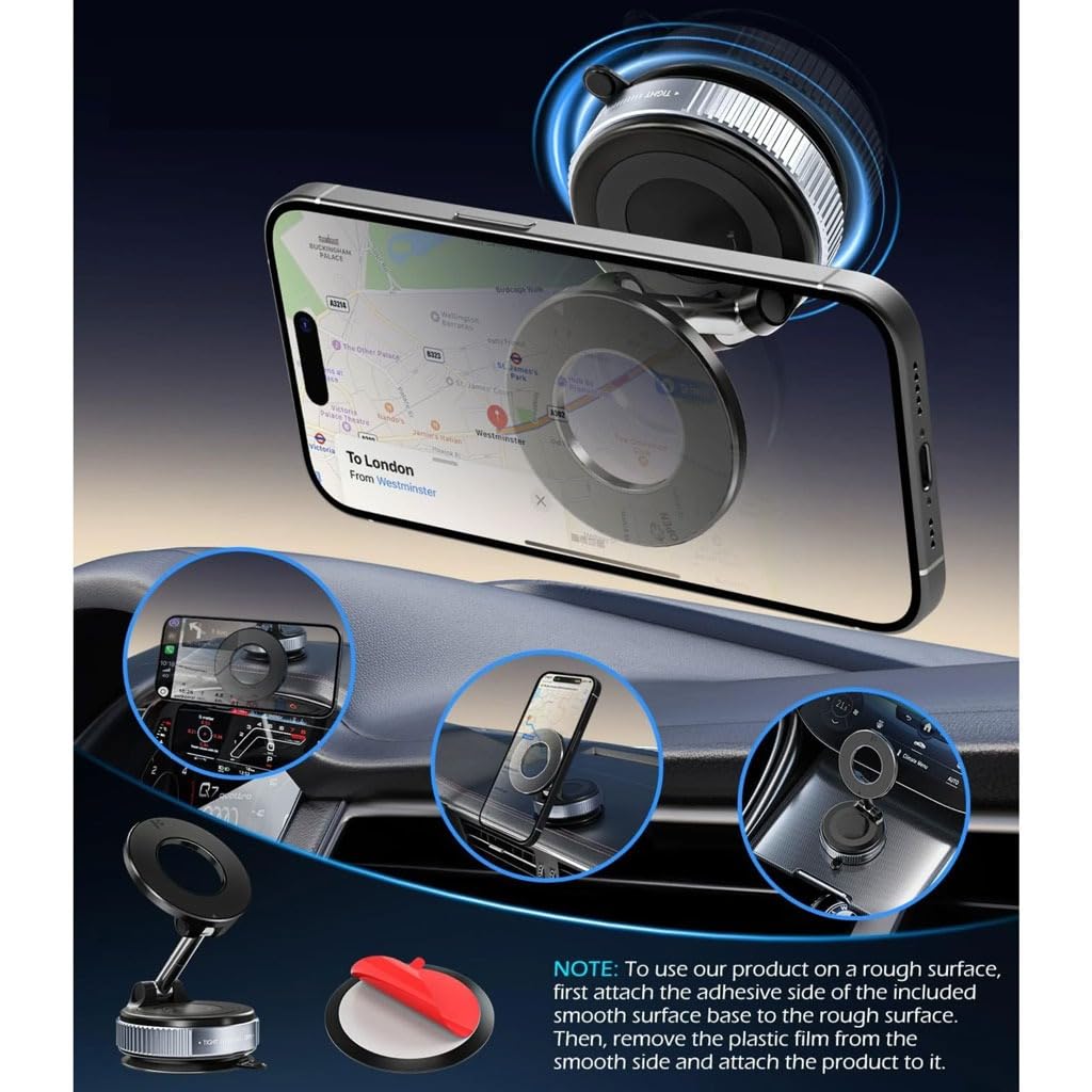 Bigsmall Magrip Pro Magnetic Car Phone Holder | 360° Rotation | Adjustable Arm | Strong Suction Mount for Dashboard | Android & iPhone Compatible | Universal Mobile Holder for Car | Black