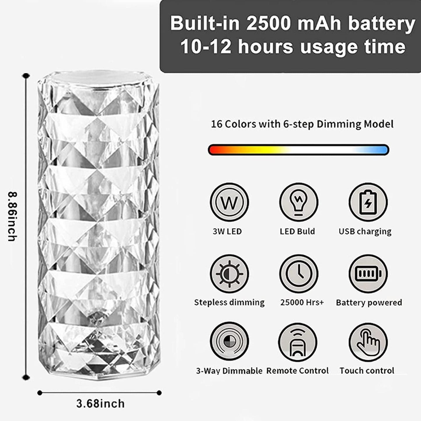 Crystal Lamp,16 Color Changing Rose Crystal Diamond Table Lamp,USB Rechargeable Touch Bedside Lamp Night Light with Remote Control, for Bedroom Living Room Party Dinner Decor