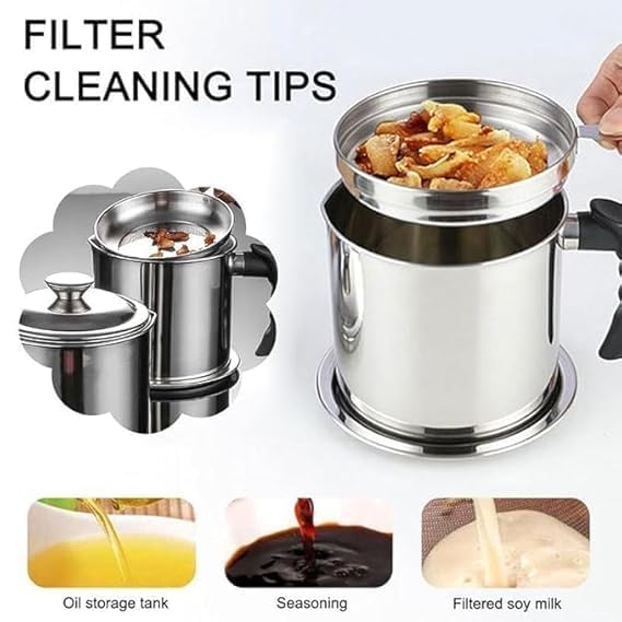Oil Strainer Pot Grease Can Stainless Steel Cooking Grease Container,Reuse Oil Storage Can Container with Removable Filter Anti-Scalding Handheld, Lid for Cooking Oil