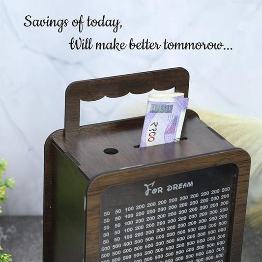 Wooden Dream Money Bank with Currency Display, Travel Bag Design, 100000 INR Savings Goal, Wooden Coin Box, Stylish Savings Box
