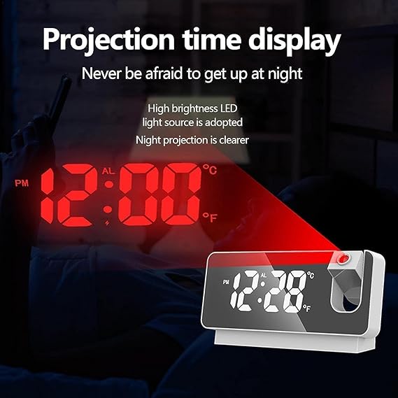 Projector Alarm Clock LED Display Digital Projection Alarm Clock Mute Mirror USB Office Clock with 180° Projector for Bedroom Digital Alarm Clock Temperature Display