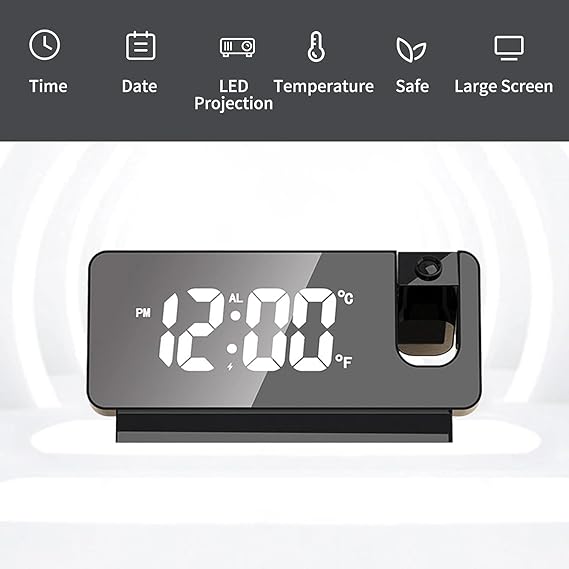 Projector Alarm Clock LED Display Digital Projection Alarm Clock Mute Mirror USB Office Clock with 180° Projector for Bedroom Digital Alarm Clock Temperature Display