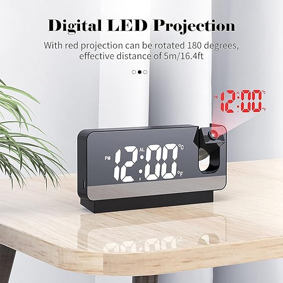 Projector Alarm Clock LED Display Digital Projection Alarm Clock Mute Mirror USB Office Clock with 180° Projector for Bedroom Digital Alarm Clock Temperature Display