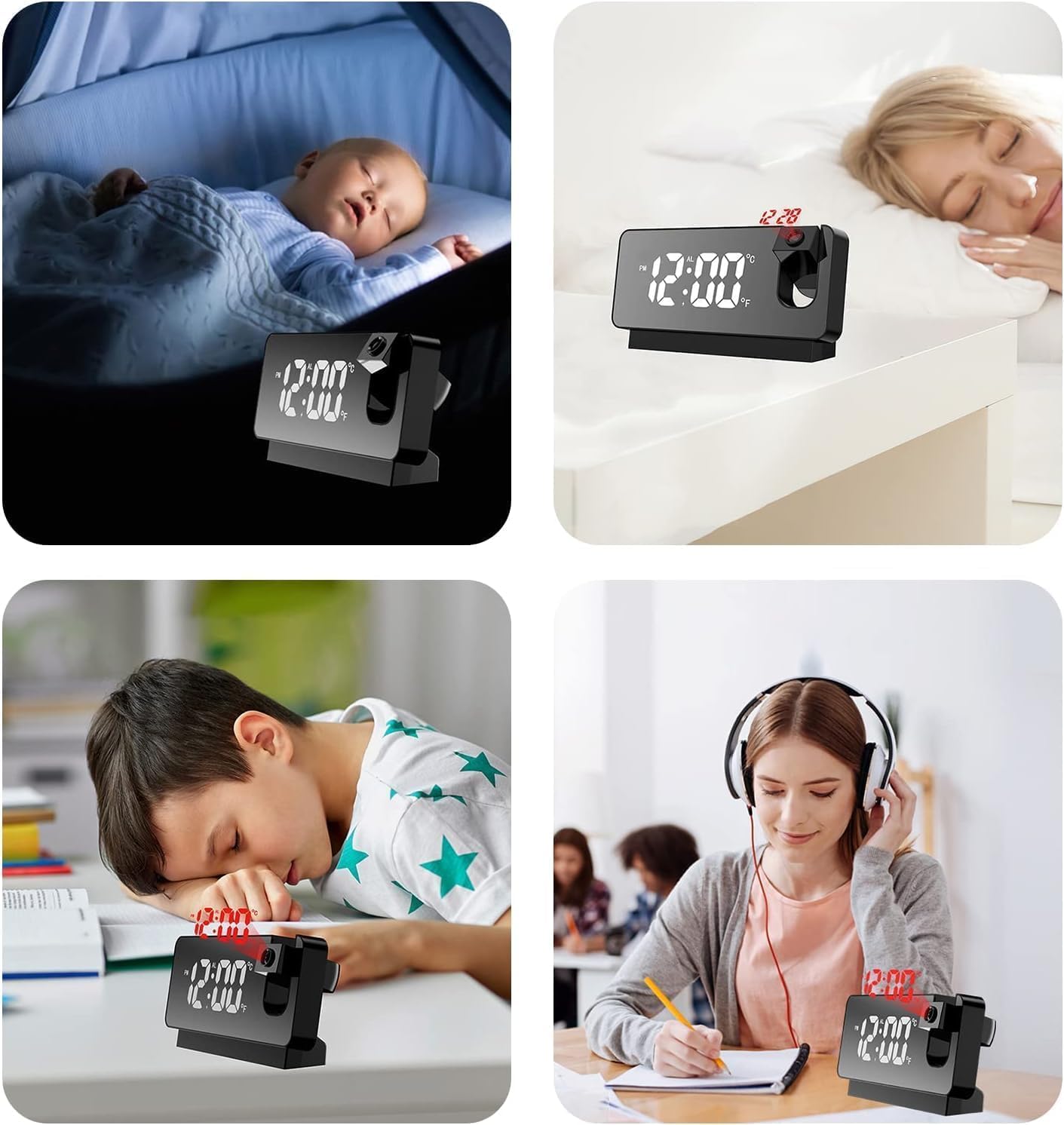 Projector Alarm Clock LED Display Digital Projection Alarm Clock Mute Mirror USB Office Clock with 180° Projector for Bedroom Digital Alarm Clock Temperature Display