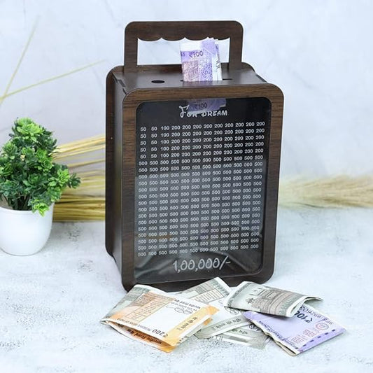 Wooden Dream Money Bank with Currency Display, Travel Bag Design, 100000 INR Savings Goal, Wooden Coin Box, Stylish Savings Box