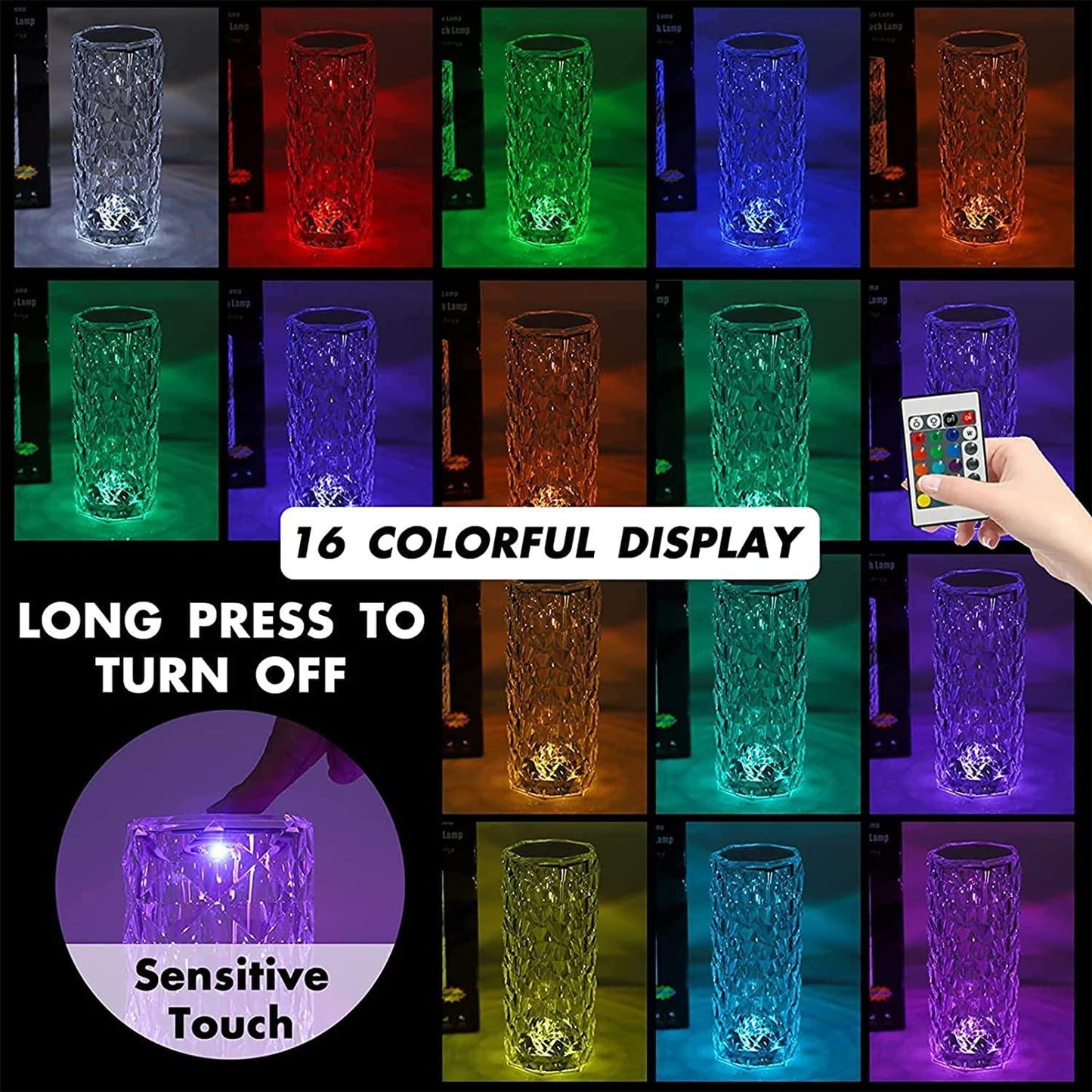 Crystal Lamp,16 Color Changing Rose Crystal Diamond Table Lamp,USB Rechargeable Touch Bedside Lamp Night Light with Remote Control, for Bedroom Living Room Party Dinner Decor