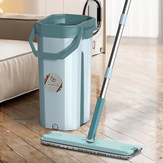 Heavy-Quality-Floor-Mop-with-Bucket,-Flexible-Kitchen-tap-Flat-Squeeze-Cleaning-Supplie (White)