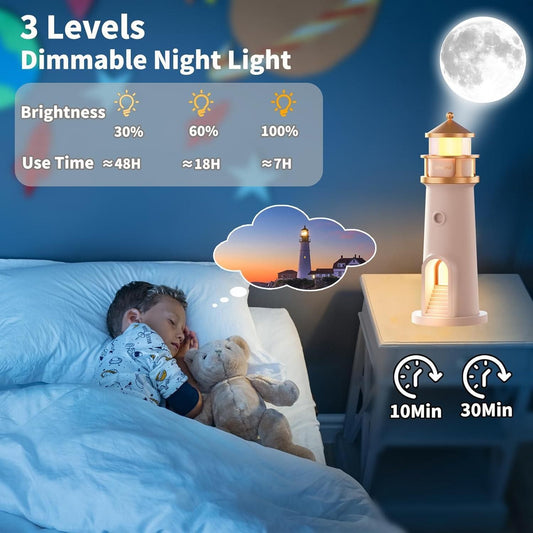 Lighthouse Night Light – Moon & Galaxy Projector for Kids with Remote, USB Rechargeable, 4 Brightness Levels & Timer – Perfect Bedroom Decor & Birthday Gift (1 Pcs Pack)
