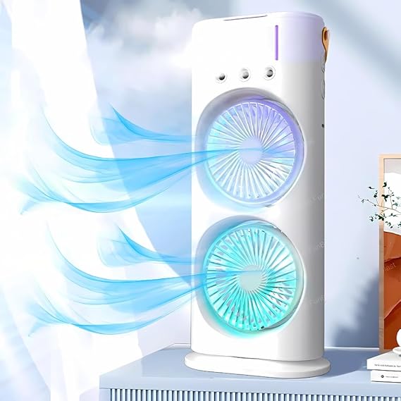 Double-Ended Spray fan 4000mAh Double Ended Spray Fan, Cold Air, 2025 New 3 Gears USB Rechargeable Oscillating one with LED Light Cooler, Touch & Remote Control, 280ml Water Tank, Ice Filling (White)