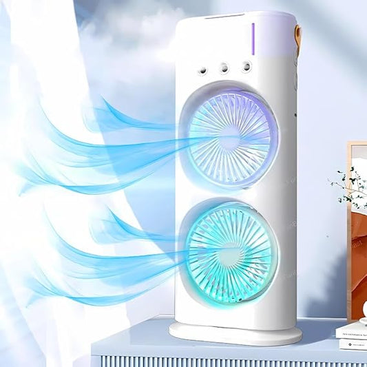 Double-Ended Spray fan 4000mAh Double Ended Spray Fan, Cold Air, 2025 New 3 Gears USB Rechargeable Oscillating one with LED Light Cooler, Touch & Remote Control, 280ml Water Tank, Ice Filling (White)